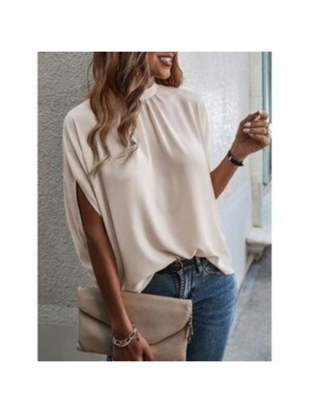 Beige Blouse Top Flowy, High Neck